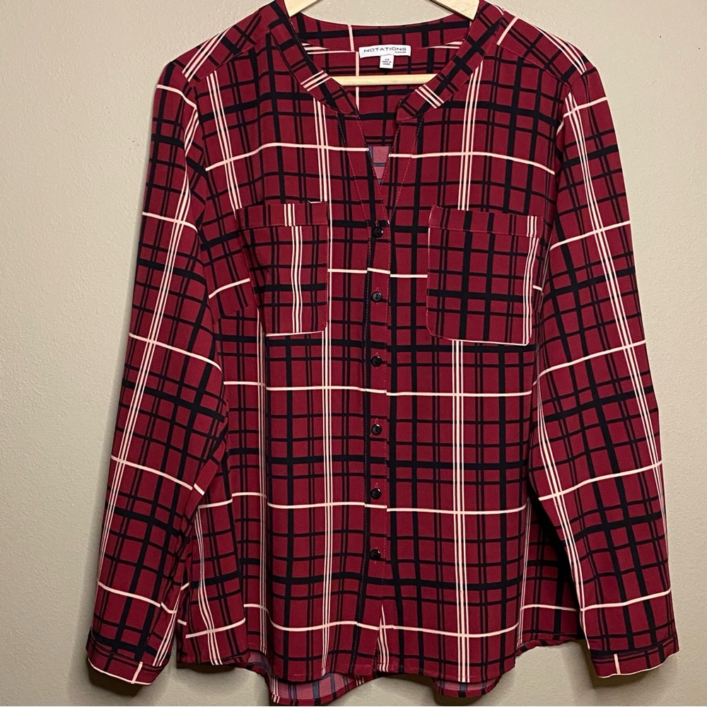 Notations Blouse Shirt Womens 2X Red Black Striped Roll Tab Sleeve Chest Pockets